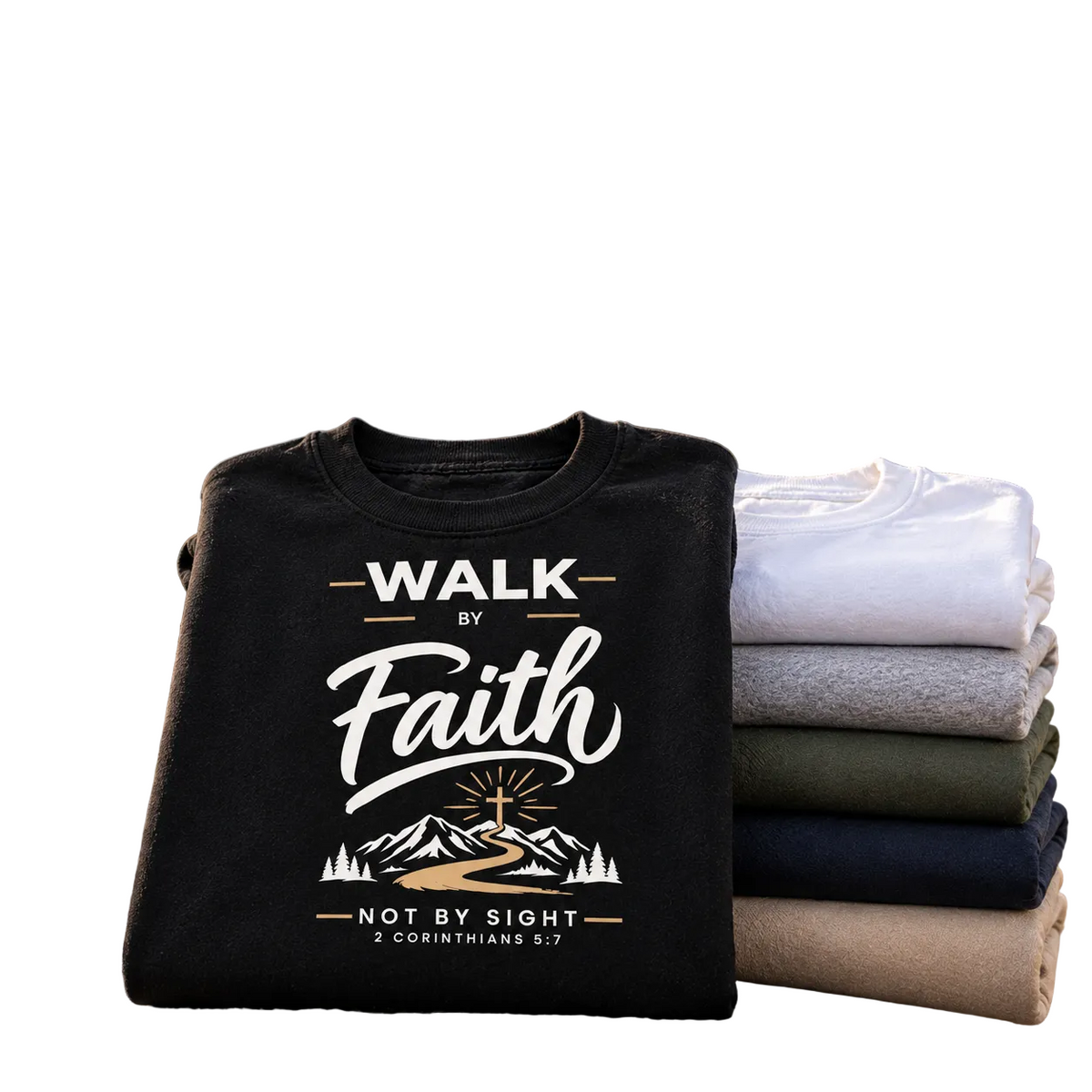 A black graphic T-shirt with the words 'WALK by Faith NOT BY SIGHT' and a mountain illustration is displayed in front of a mountain landscape. To the right is a stack of folded T-shirts in white, gray, green, navy, and beige.